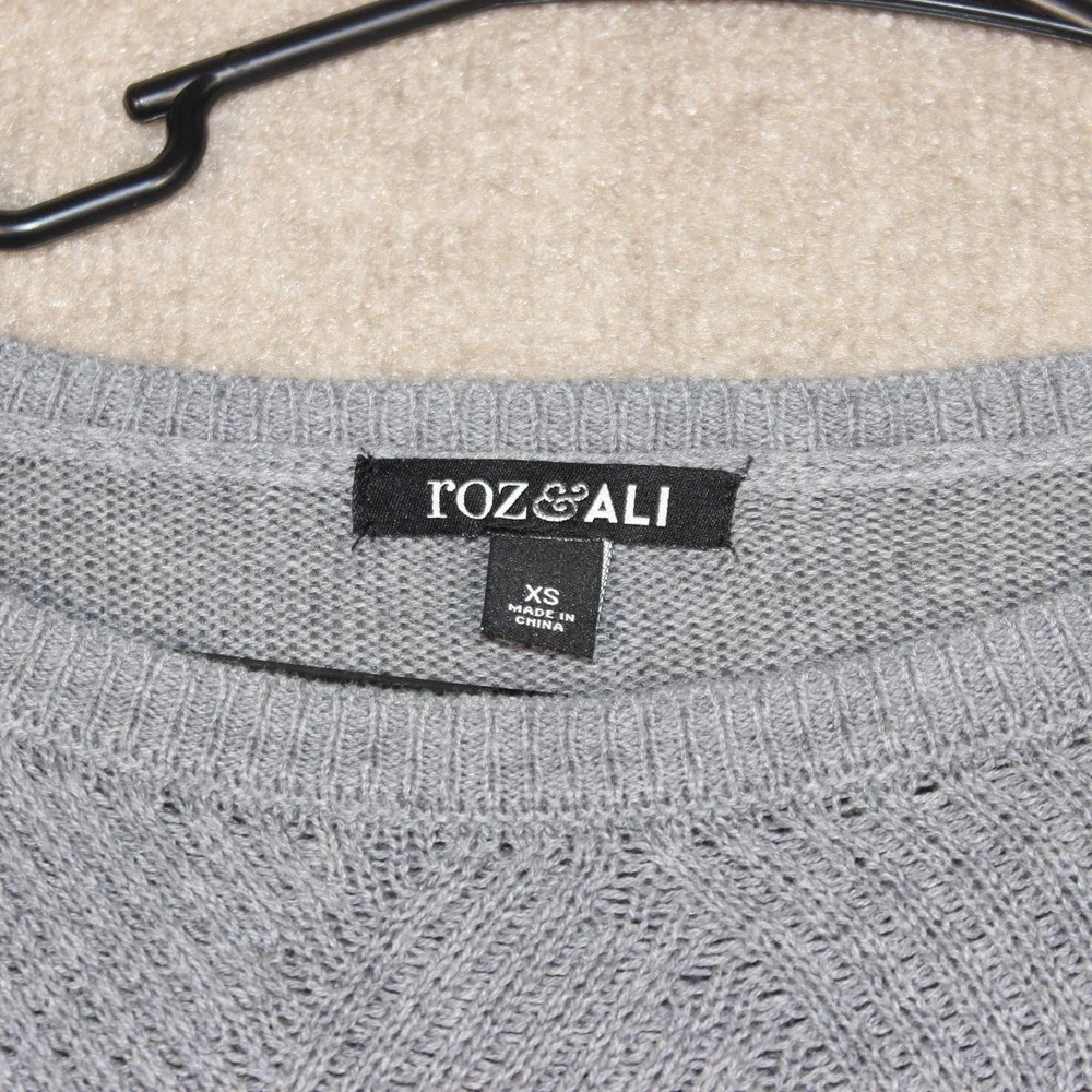 Roz & Ali Womens Grey Diamond Pointelle Knit Sweater 3/4 Sleeve XS